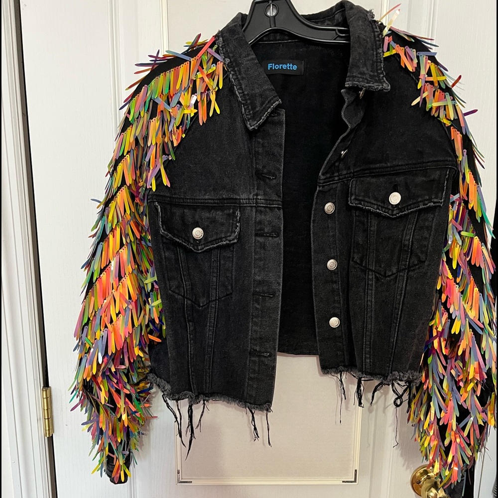Custom made black wash jean jacket sz L